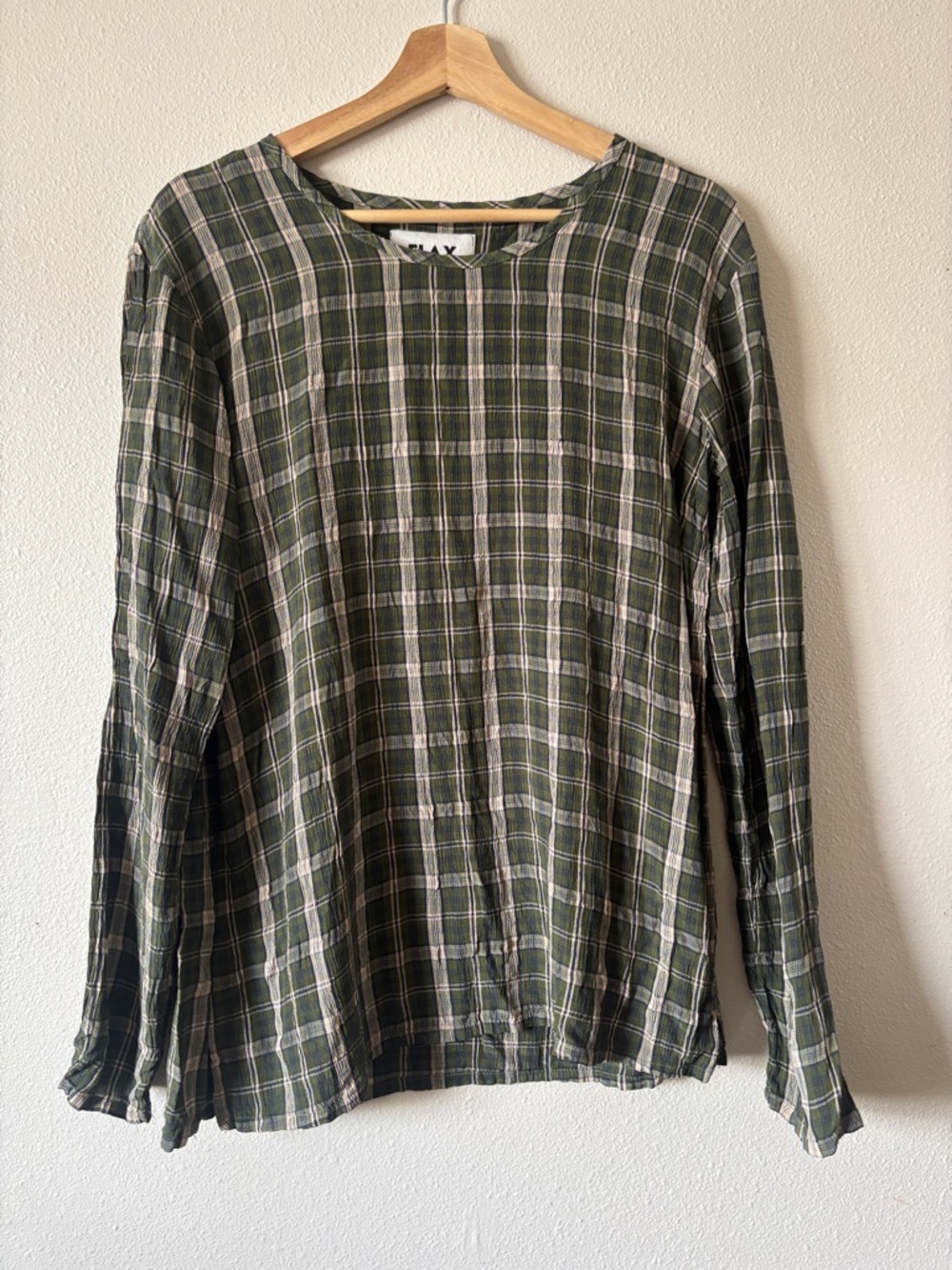 FLAX Green Plaid Long Sleeve Blouse Size Small